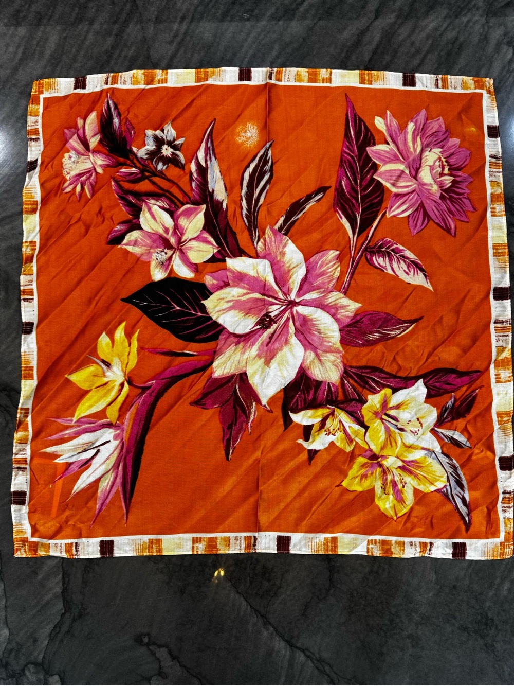 Vince Camuto Floral Orange Square Scarf with Yellow & Pink Blooms